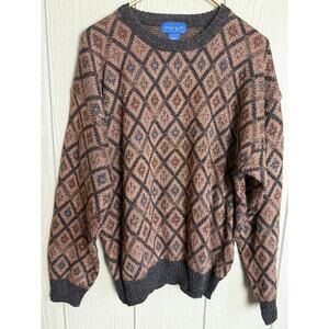 Vintage 90s Towncraft Geometric Knit Sweater | Brown Diamond Pattern | Size L